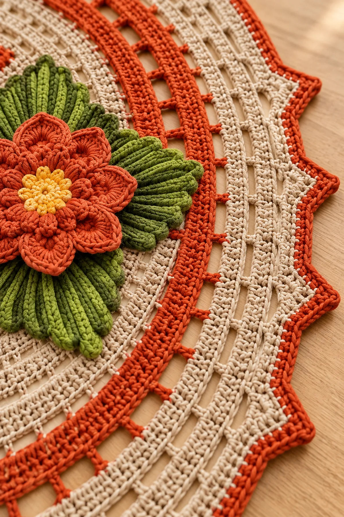 Close view of orange beige concentric bands open ladder lace flower and ribbed olive leaves