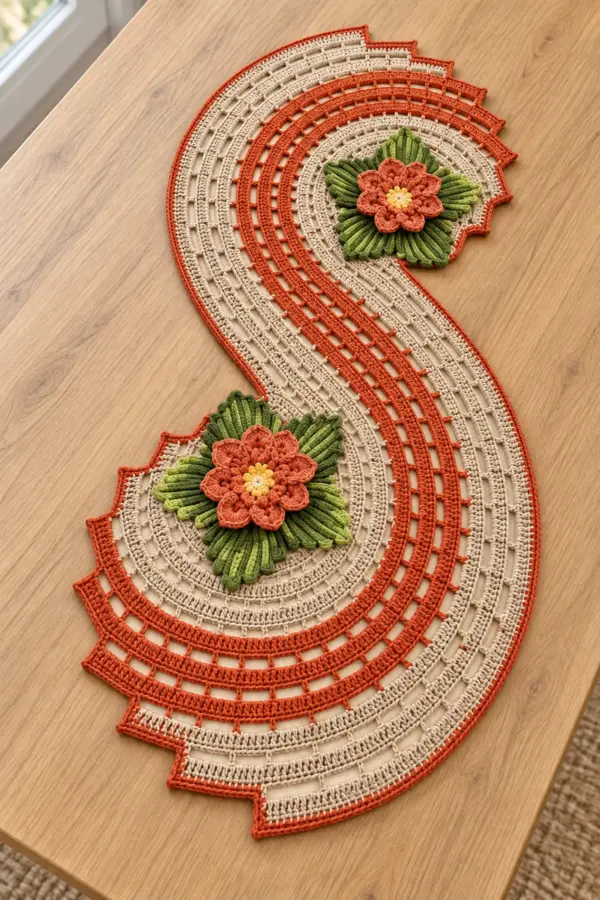 Single S-shaped burnt-orange and beige crochet runner with two spiral ends and floral leaf rosettes