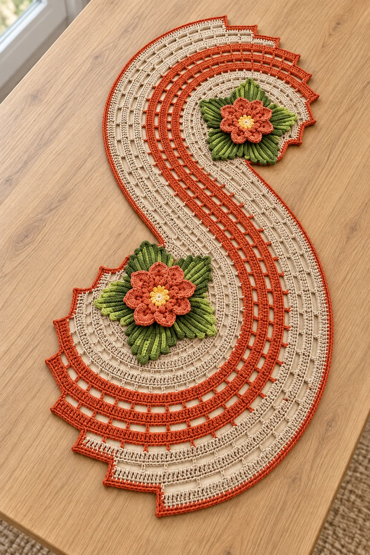 Single S-shaped burnt-orange and beige crochet runner with two spiral ends and floral leaf rosettes