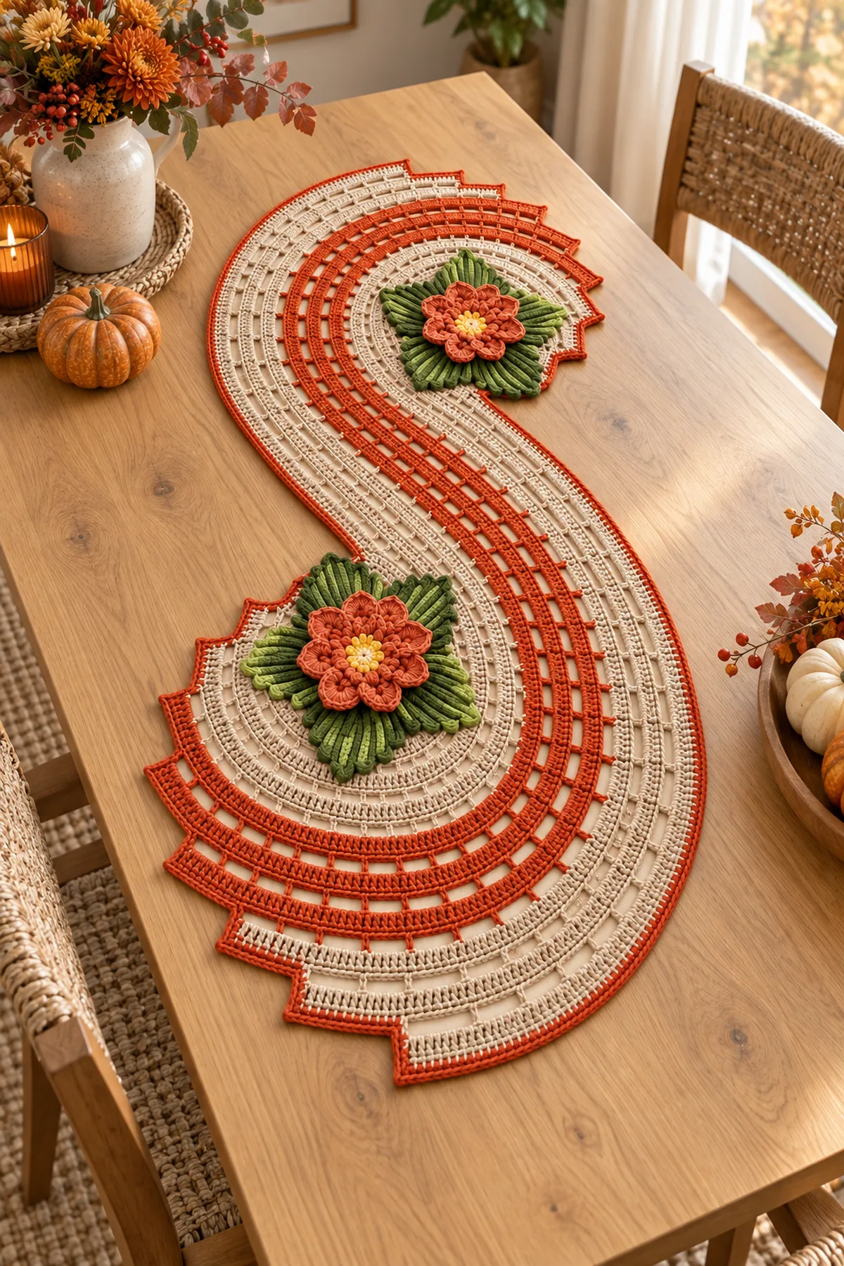 Finished burnt-orange and beige double-spiral floral crochet runner on a wooden dining table