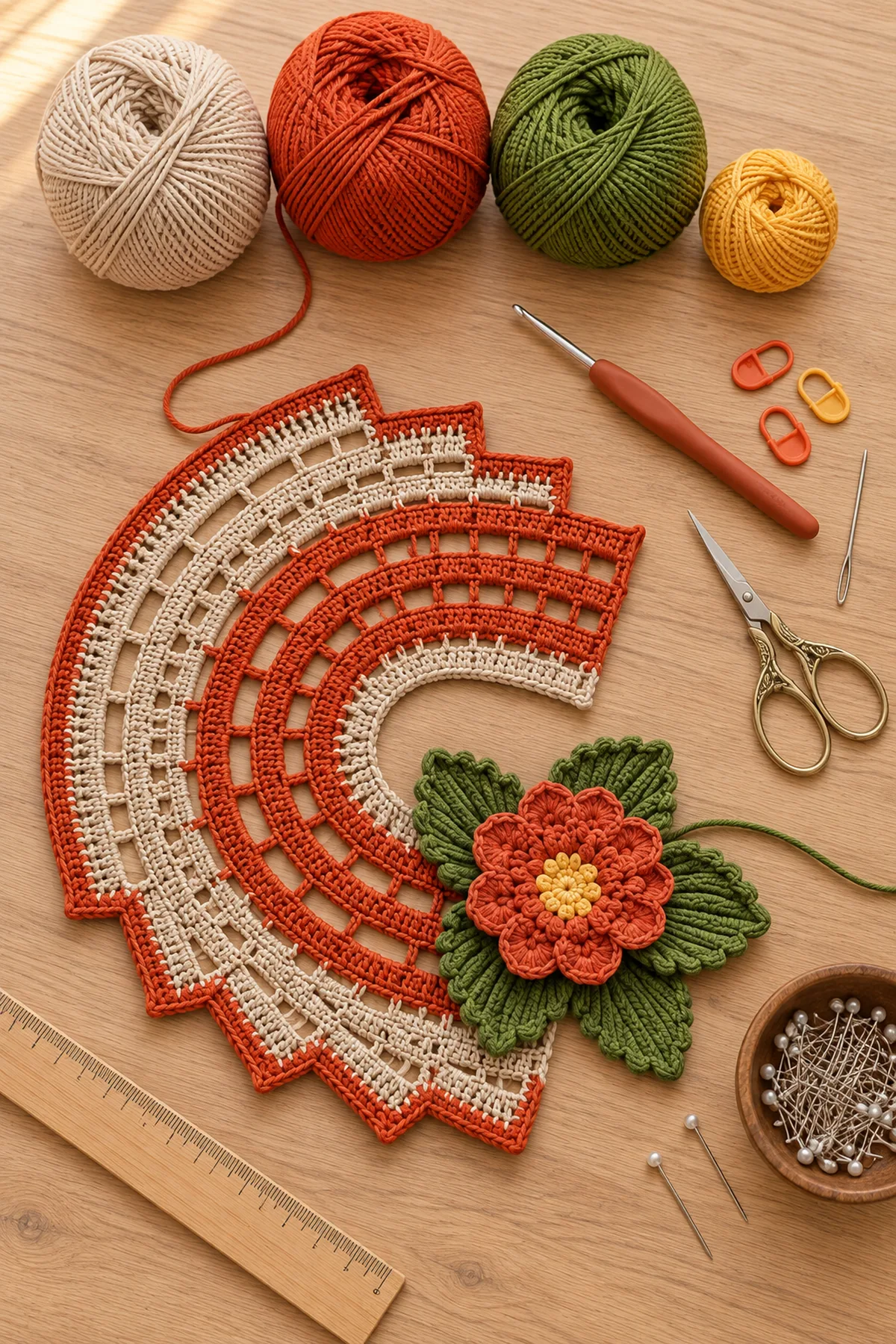 Burnt-orange beige olive and yellow cotton yarn with hook markers and blocking tools