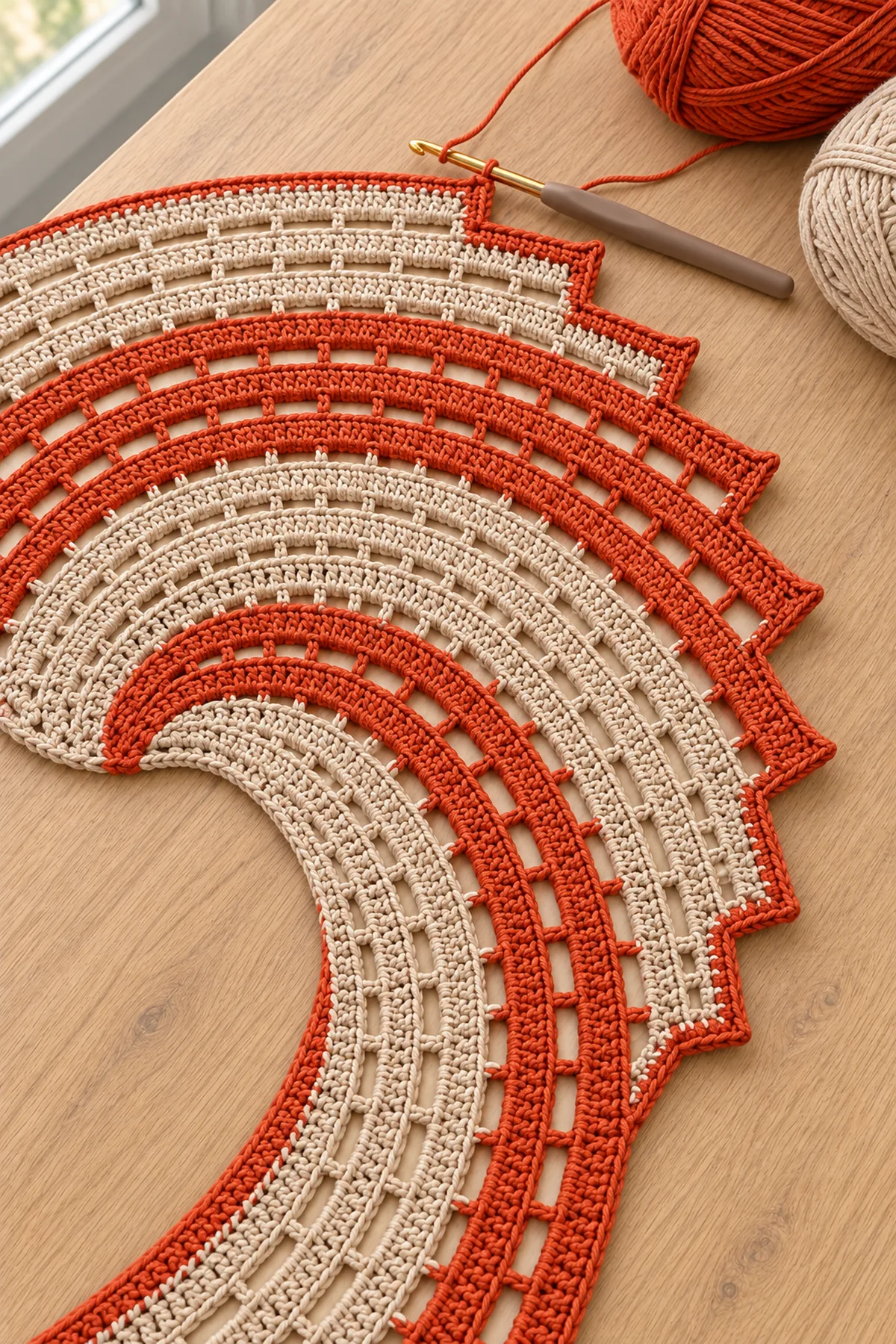Banded beige and burnt-orange spiral lobe with open ladder rows in progress