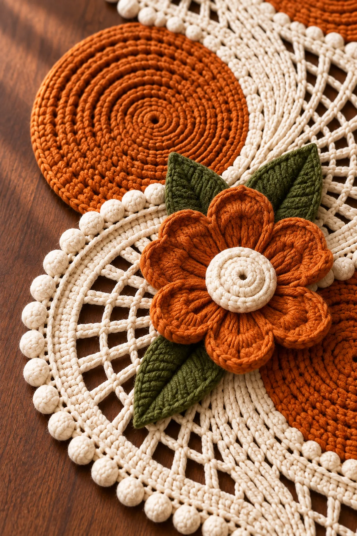 Close view of orange disk ivory fan bobble edging layered flower and olive leaves