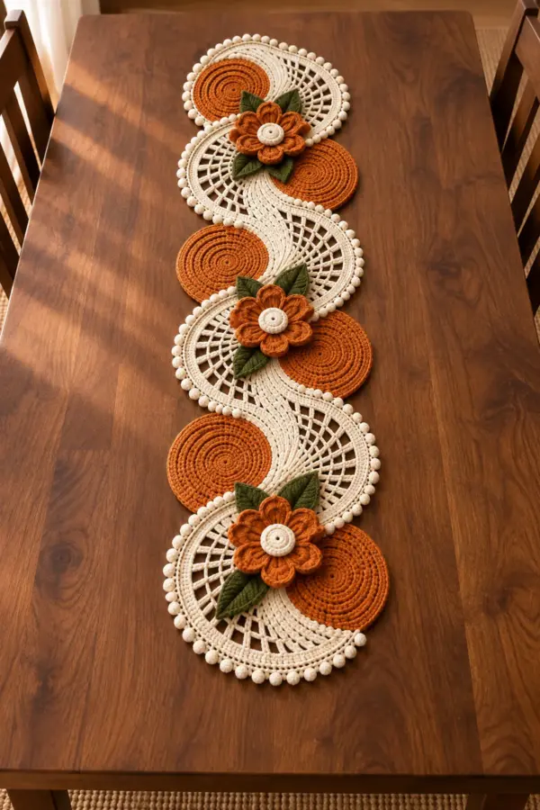 Five linked burnt-orange disk and ivory fan crochet swirls with three flower clusters