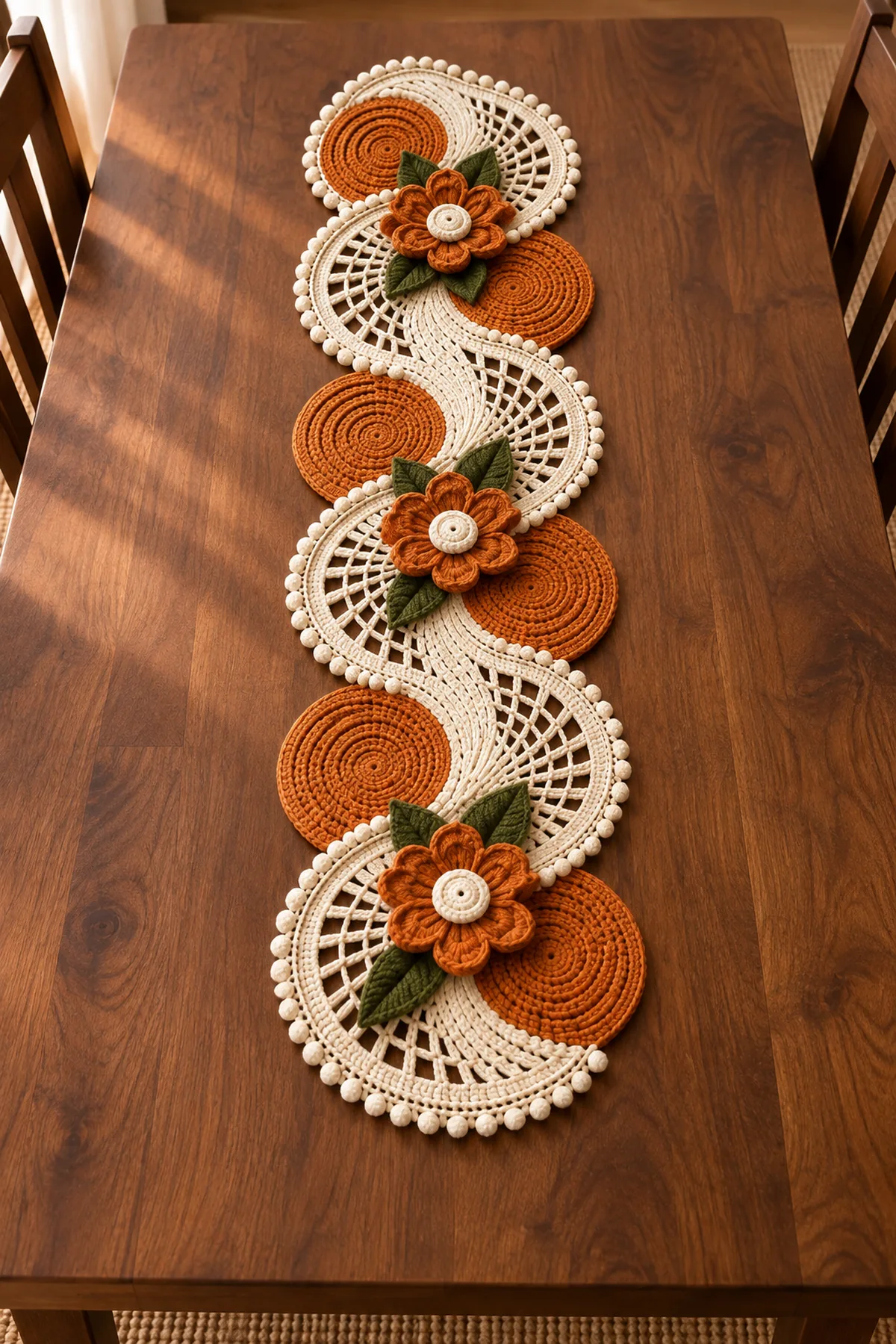 Five linked burnt-orange disk and ivory fan crochet swirls with three flower clusters