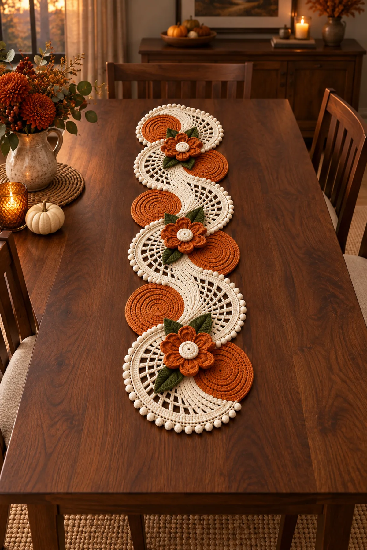 Finished five-module burnt-orange flower swirl crochet runner on a wooden dining table