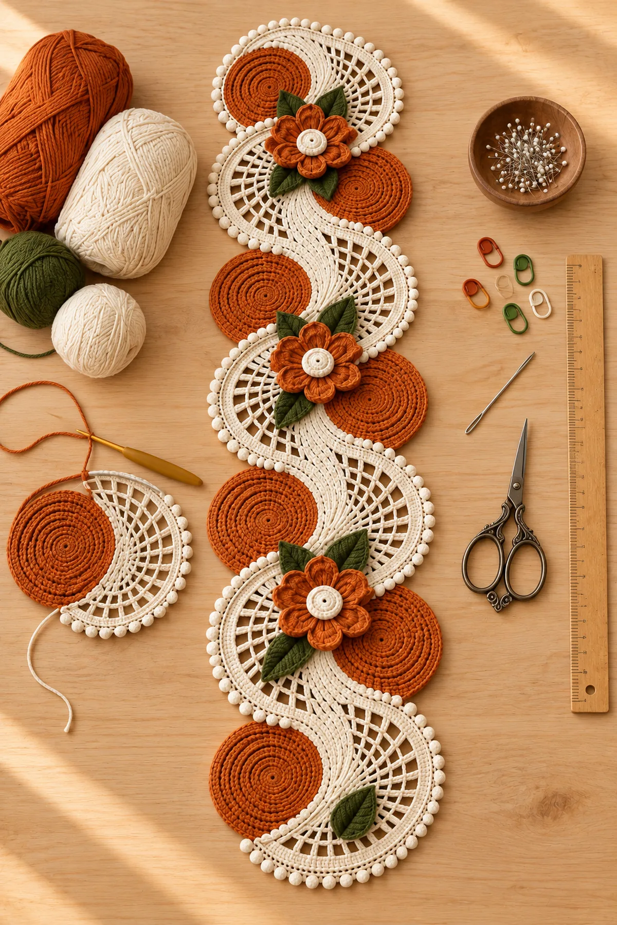 Burnt-orange ivory olive and cream cotton yarn with hook markers and blocking tools