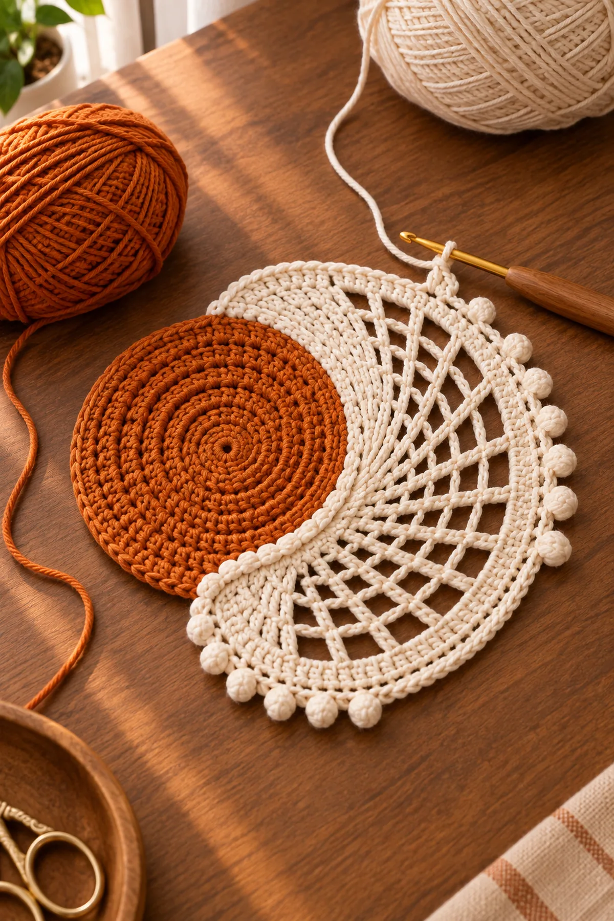 One burnt-orange disk joined to an open ivory fan-lace half