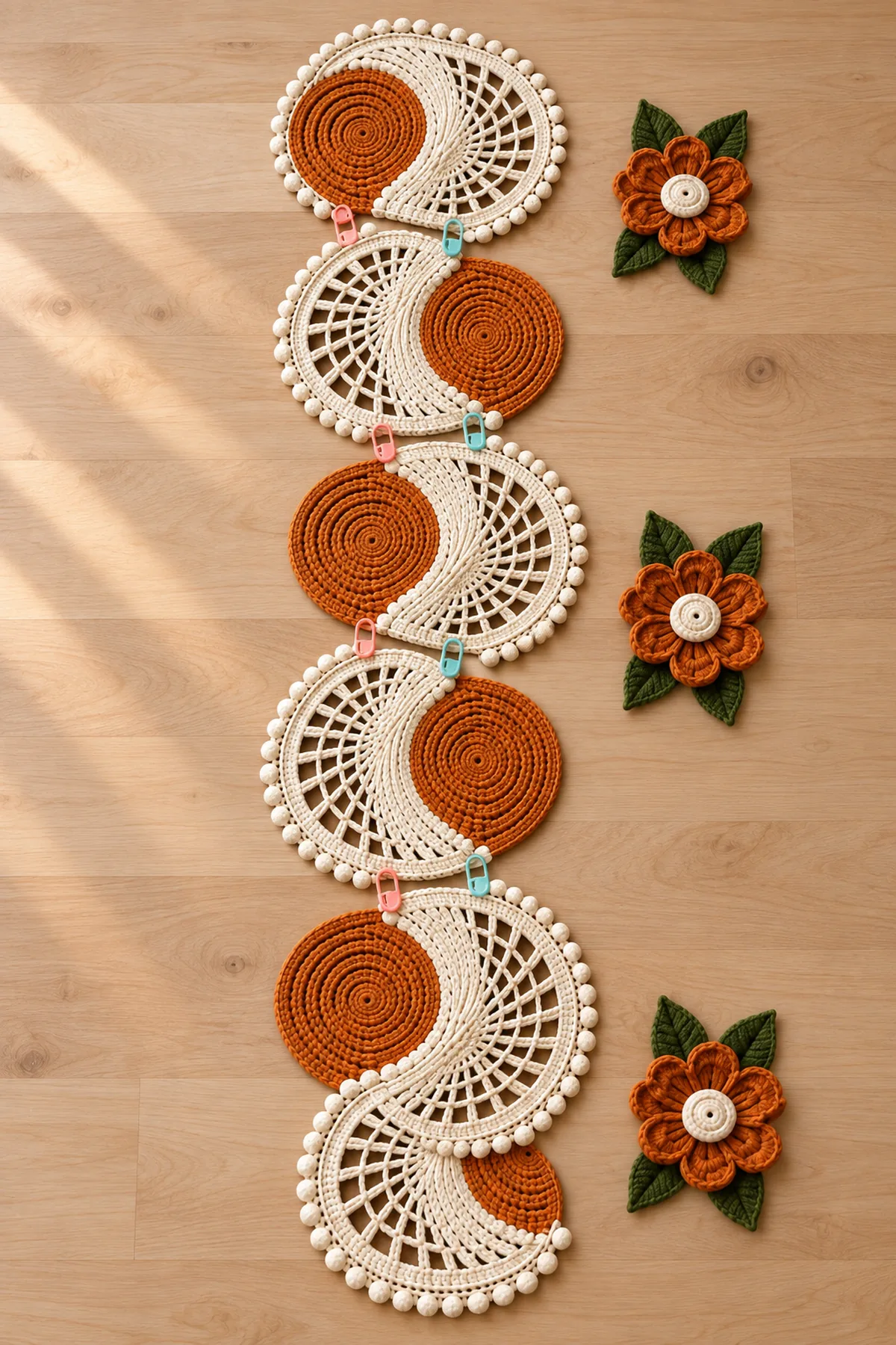 Five alternating orange-and-ivory swirl medallions arranged before joining