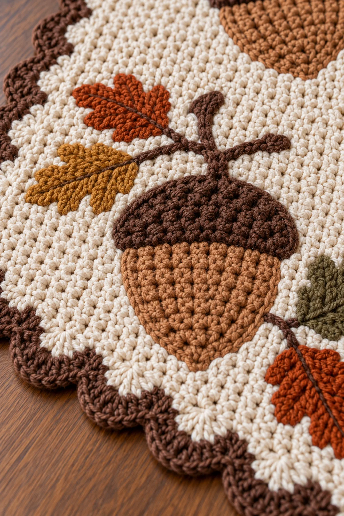 Close-up of stitch texture and finishing details on crochet autumn acorn table runner