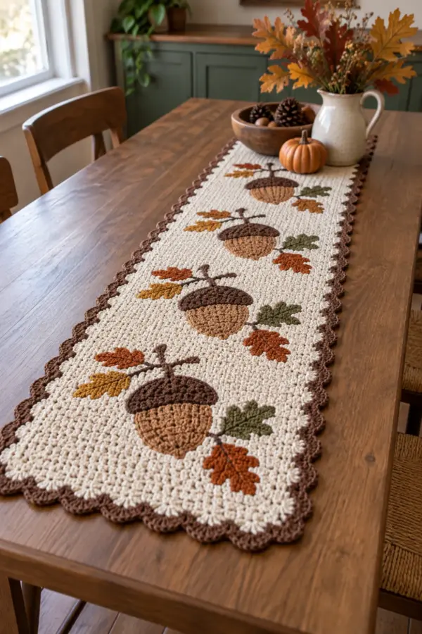 Finished crochet autumn acorn table runner displayed with a clean handmade finish