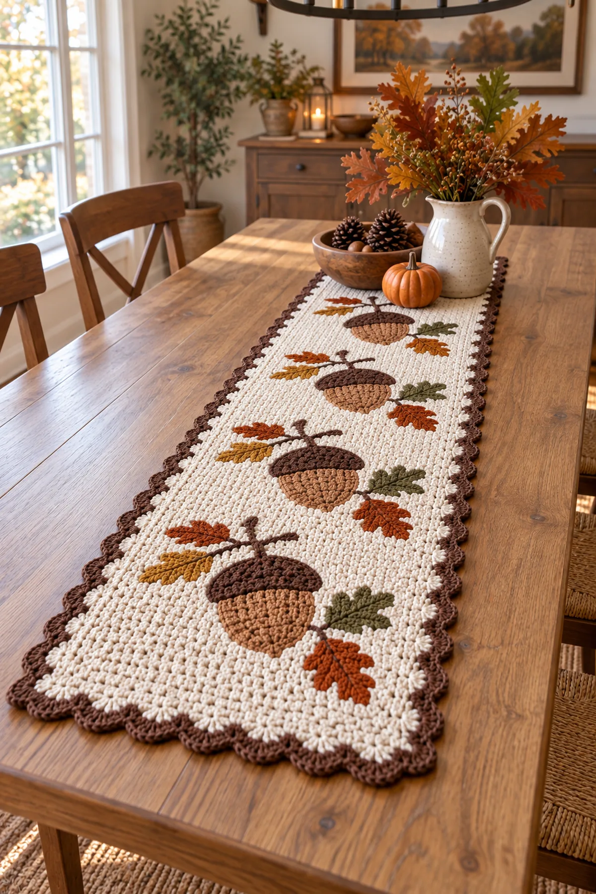Finished crochet autumn acorn table runner styled in a bright natural setting