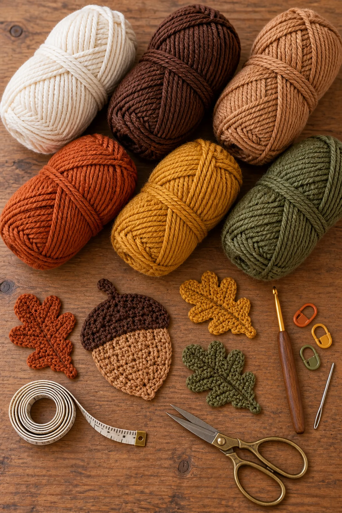 Materials for crochet autumn acorn table runner including yarn, crochet hook, markers, needle, tape measure, and scissors