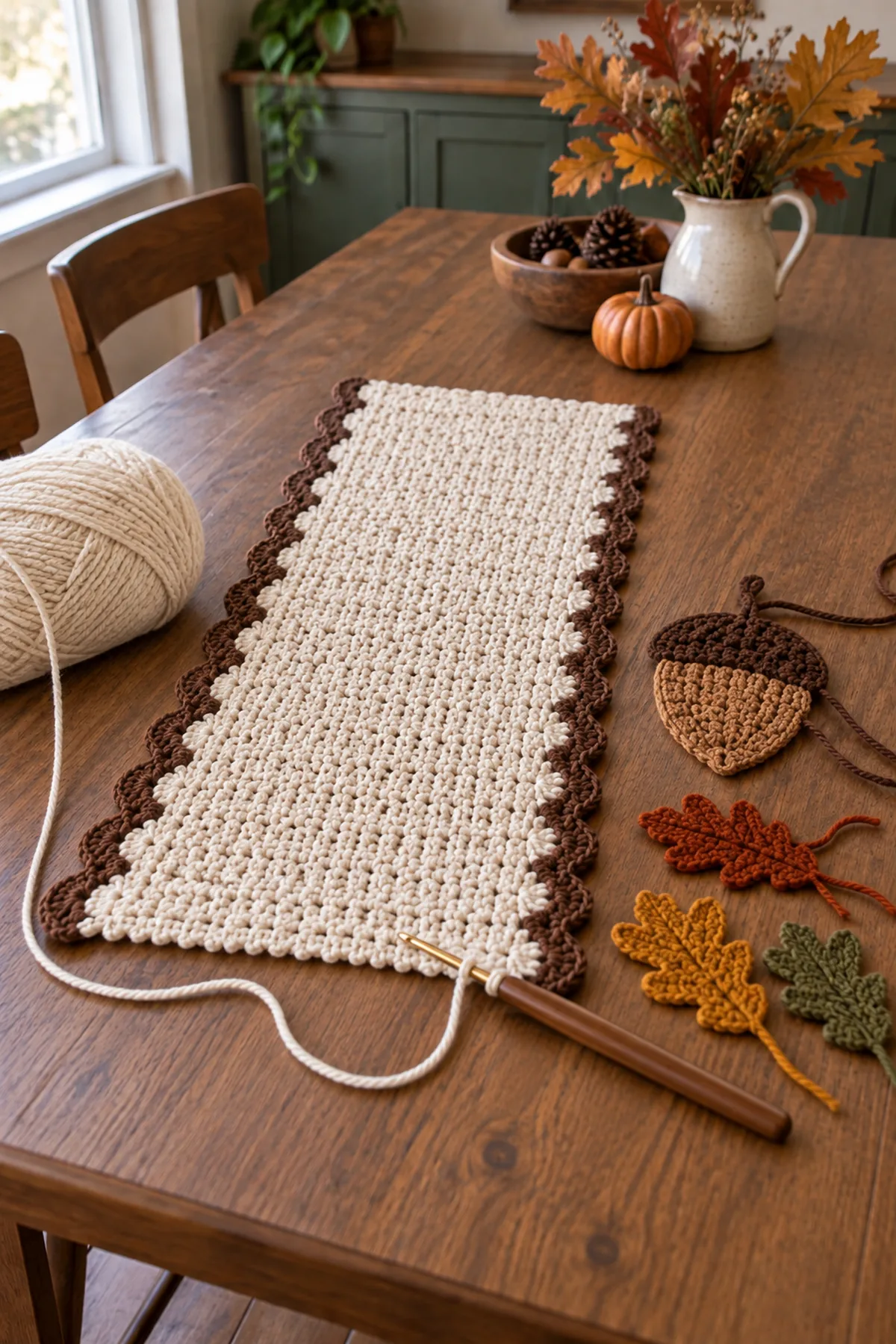Early crochet construction stage for crochet autumn acorn table runner with working yarn and hook