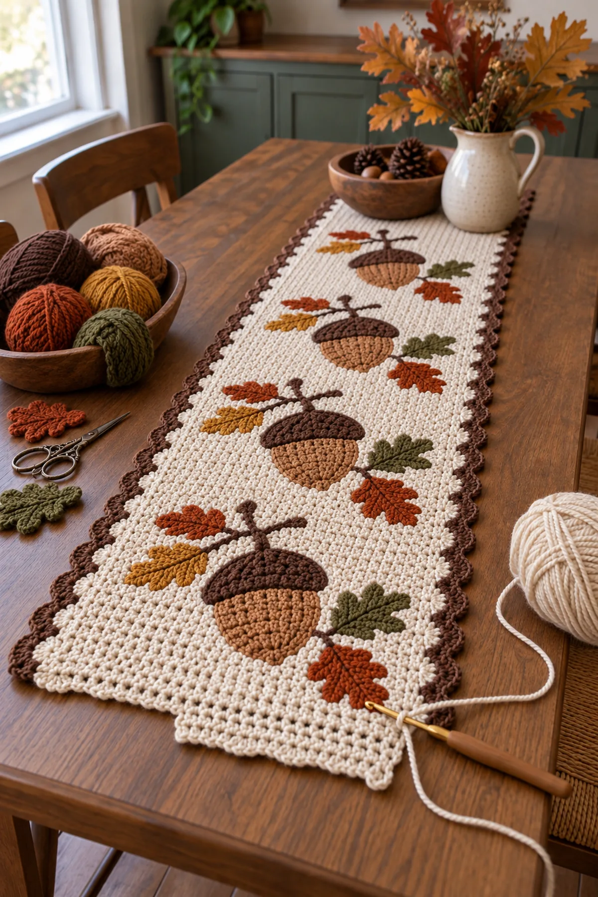 Mid-process crochet construction and shaping for crochet autumn acorn table runner