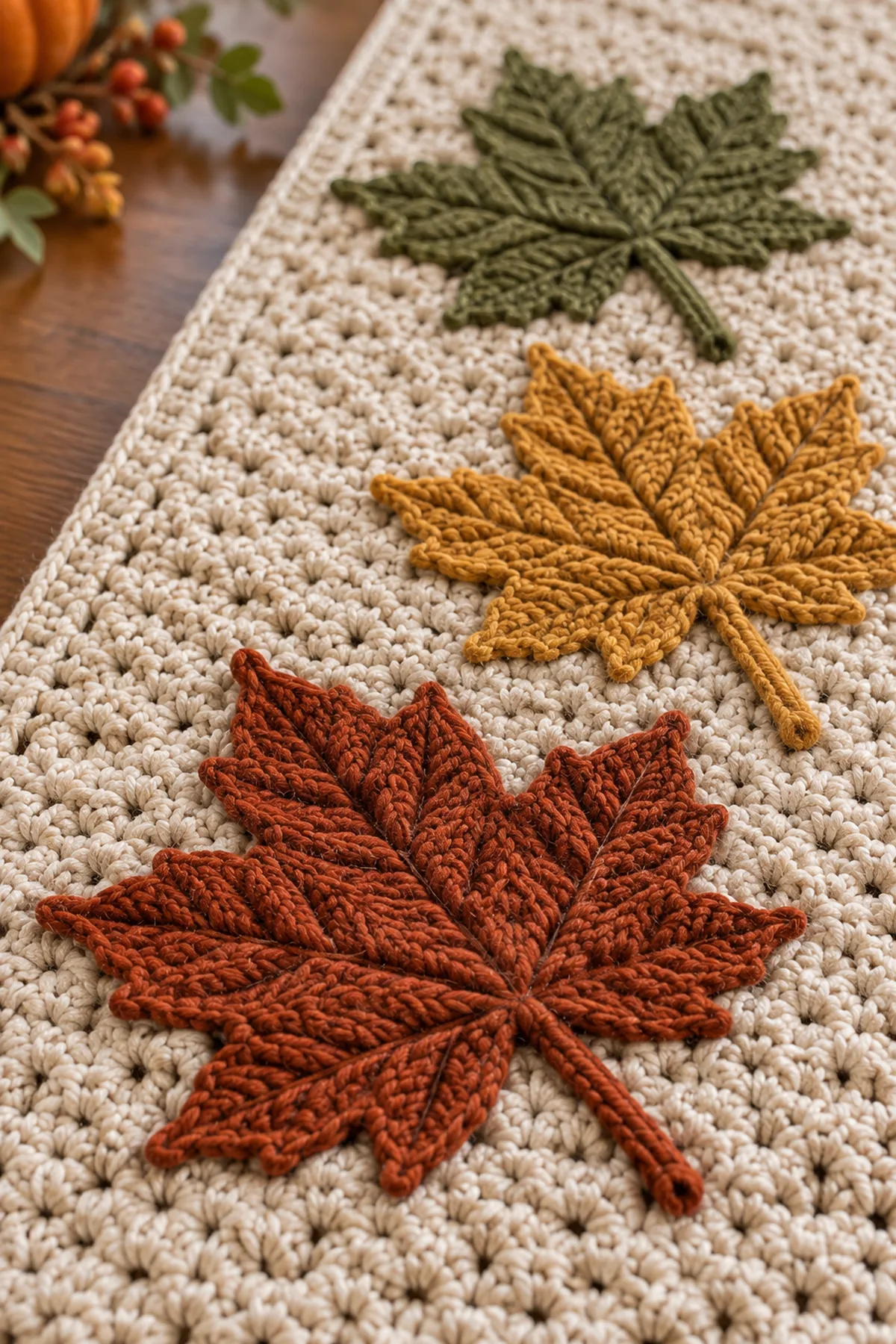 Close-up of rust, gold, and olive crochet maple leaf appliques and surface-stitched stems