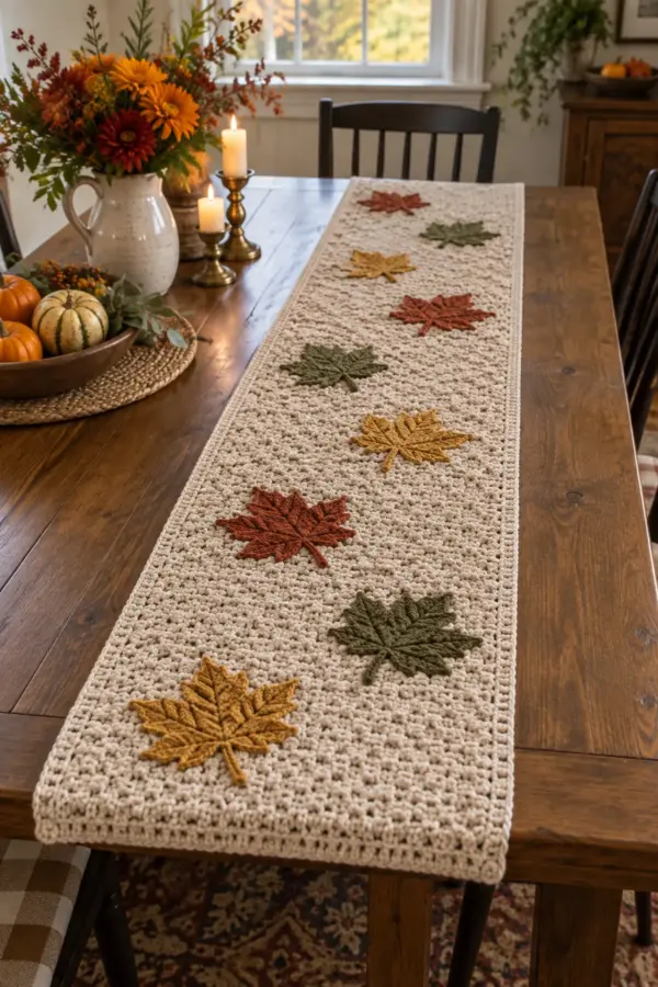 Finished oatmeal crochet table runner decorated with rust, gold, and olive maple leaves