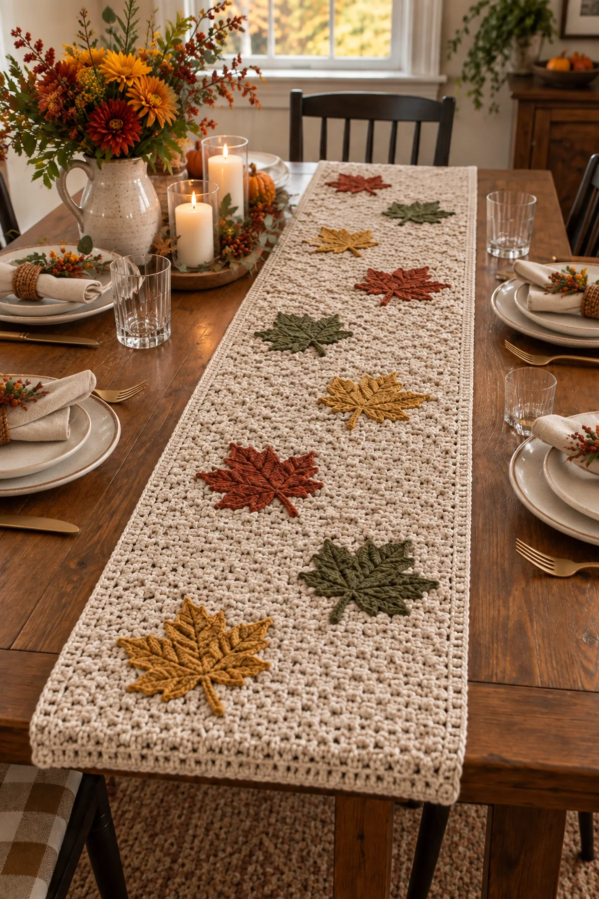Autumn crochet maple leaf table runner styled on a wooden dining table