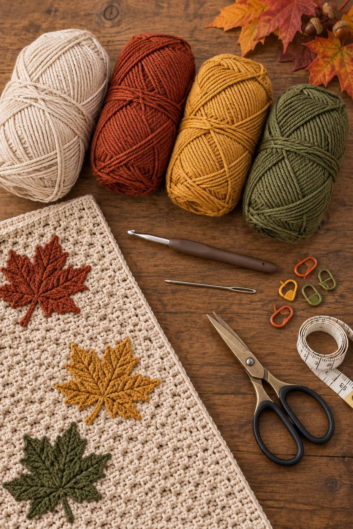 Oatmeal, rust, gold, and olive cotton yarn with hook, markers, needle, tape measure, and scissors