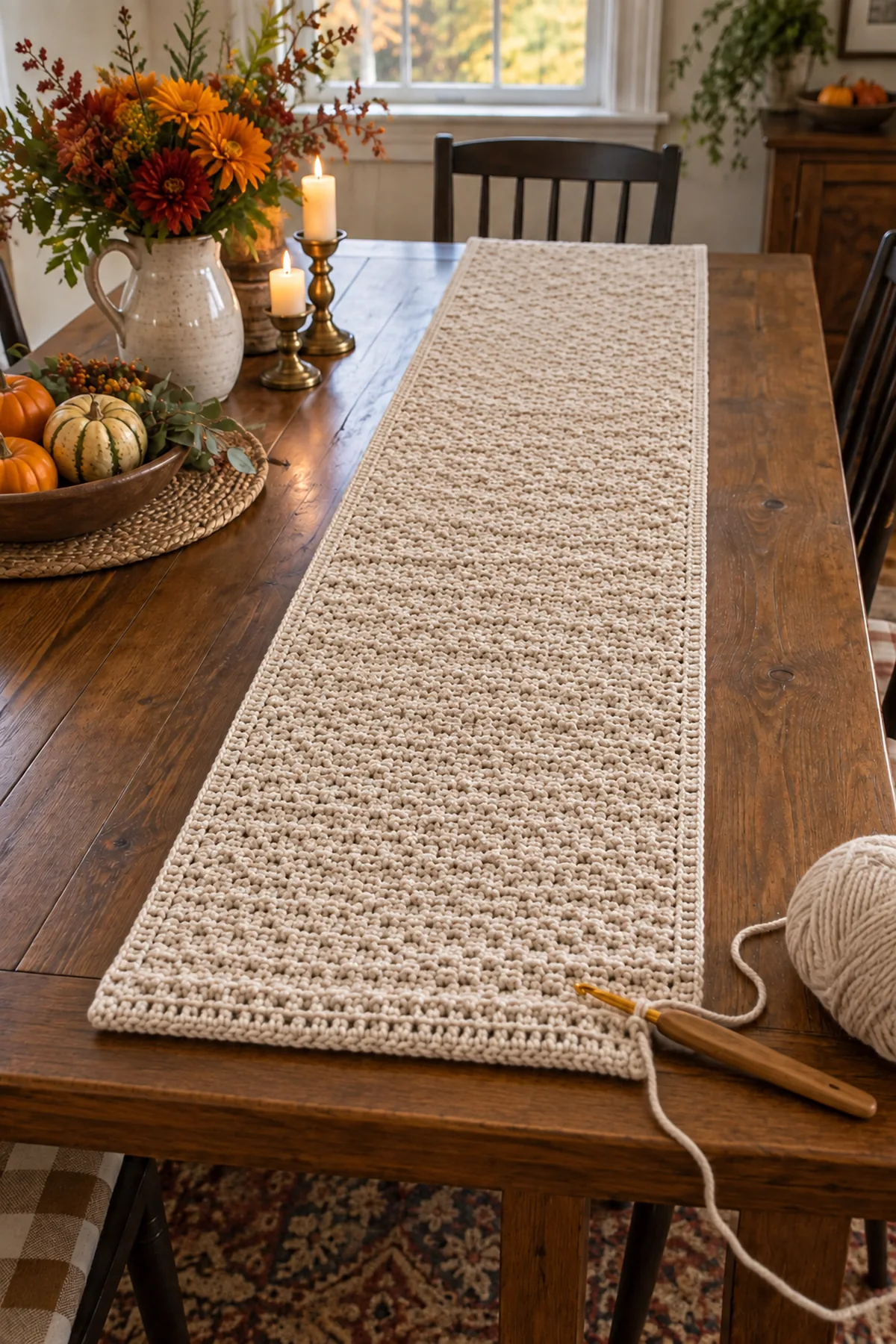 Long oatmeal half double crochet table runner base in progress