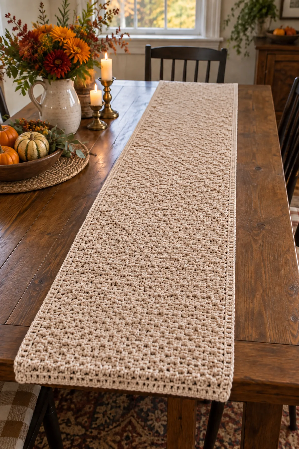 Blocked oatmeal crochet runner with neat two-round border