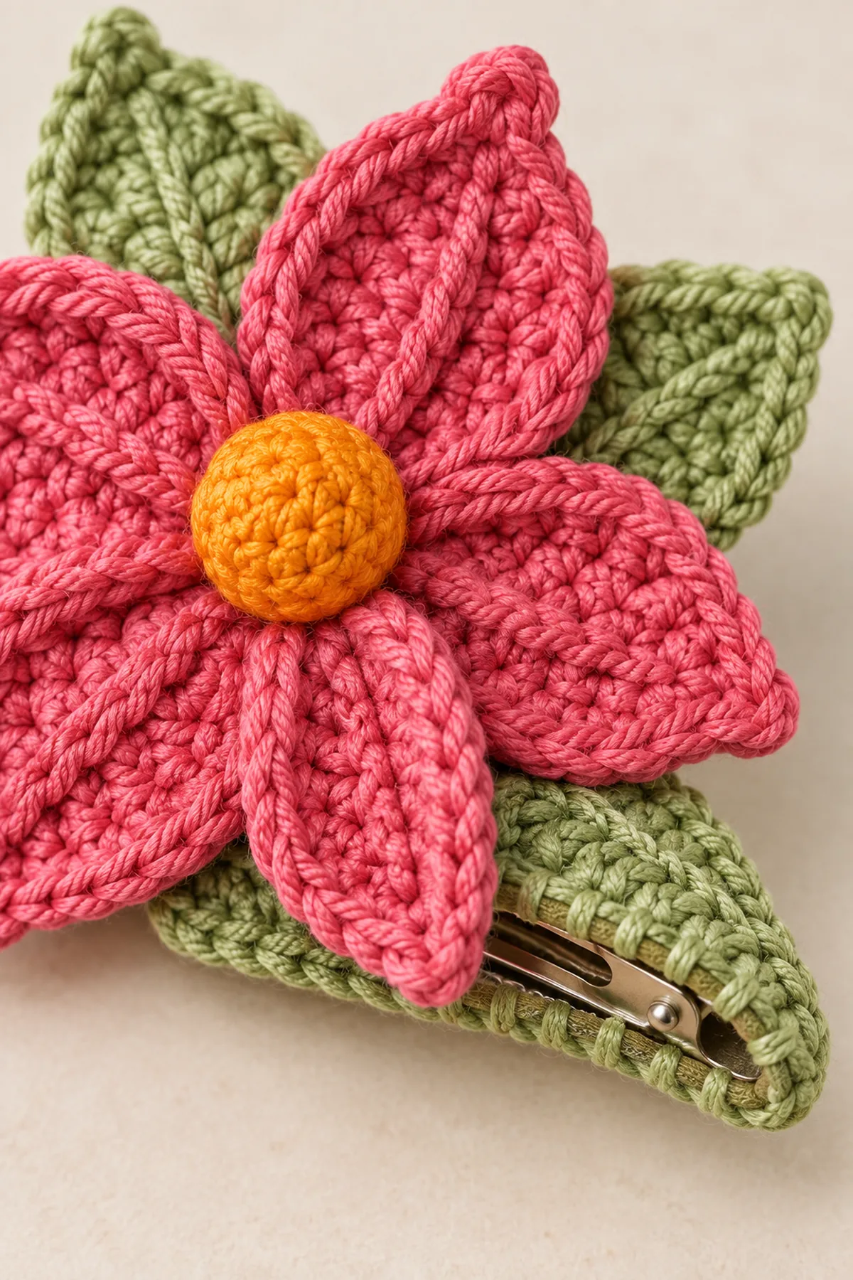 Close view of raised pink petal ridges orange covered center sage leaves and secure hair clip backing