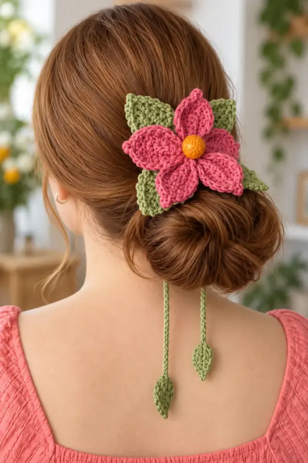 Raspberry pink five-petal crochet flower hair clip with orange center sage leaves and trailing leaf cords