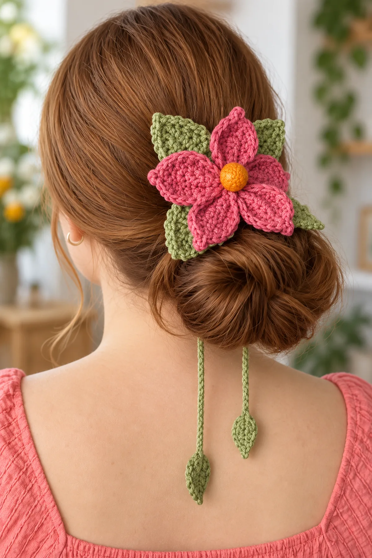 Raspberry pink five-petal crochet flower hair clip with orange center sage leaves and trailing leaf cords