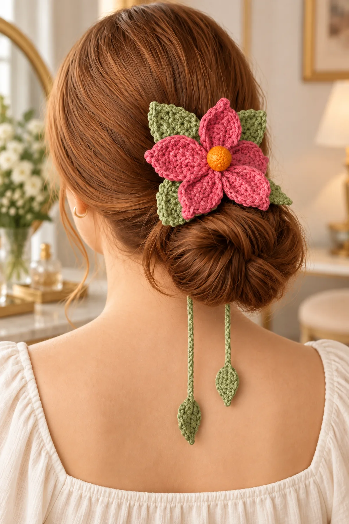 Finished pink crochet flower hair accessory worn above a low bun with two trailing leaf-ended cords