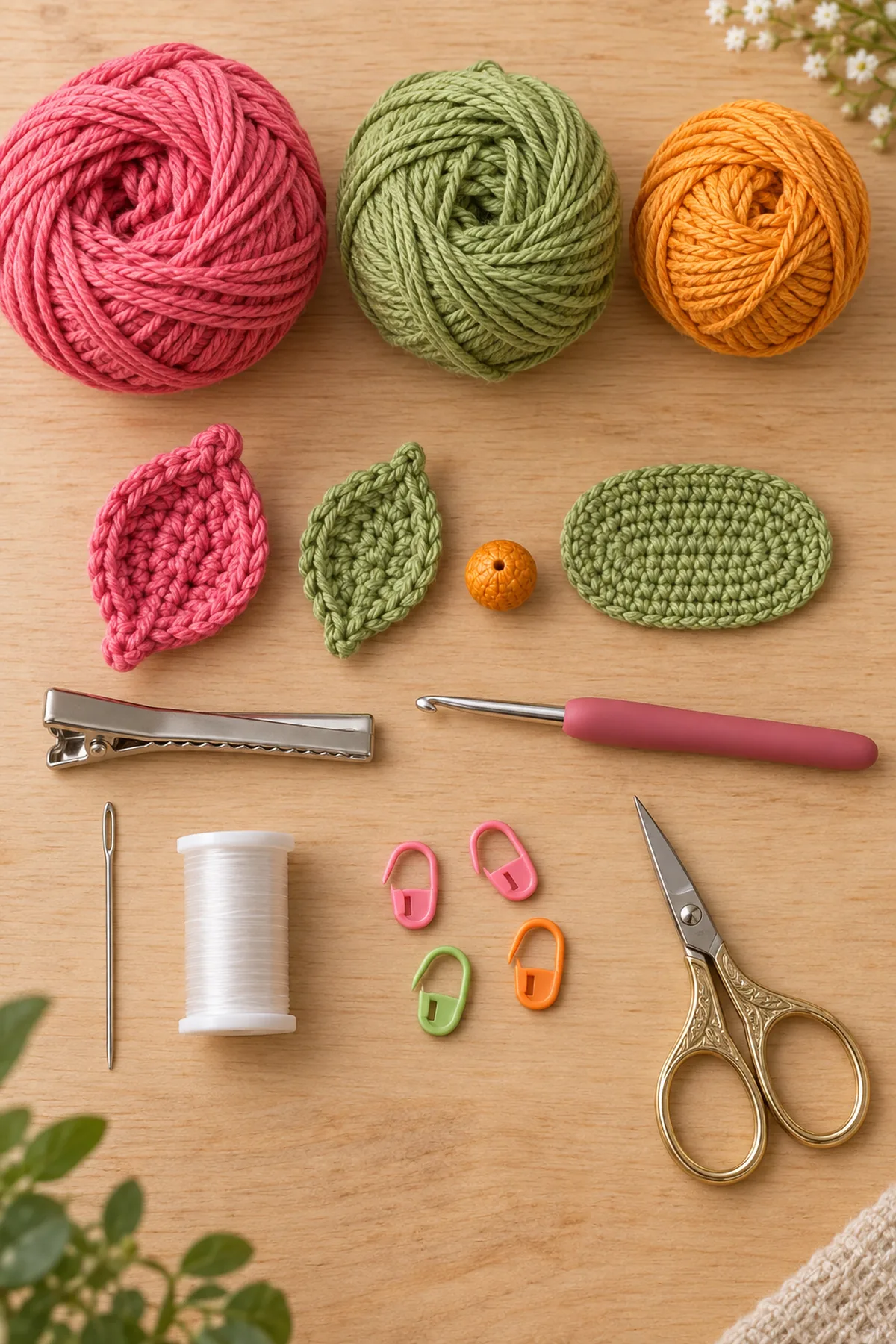 Pink sage and orange cotton yarn with crochet hook wooden center alligator clip needle and scissors