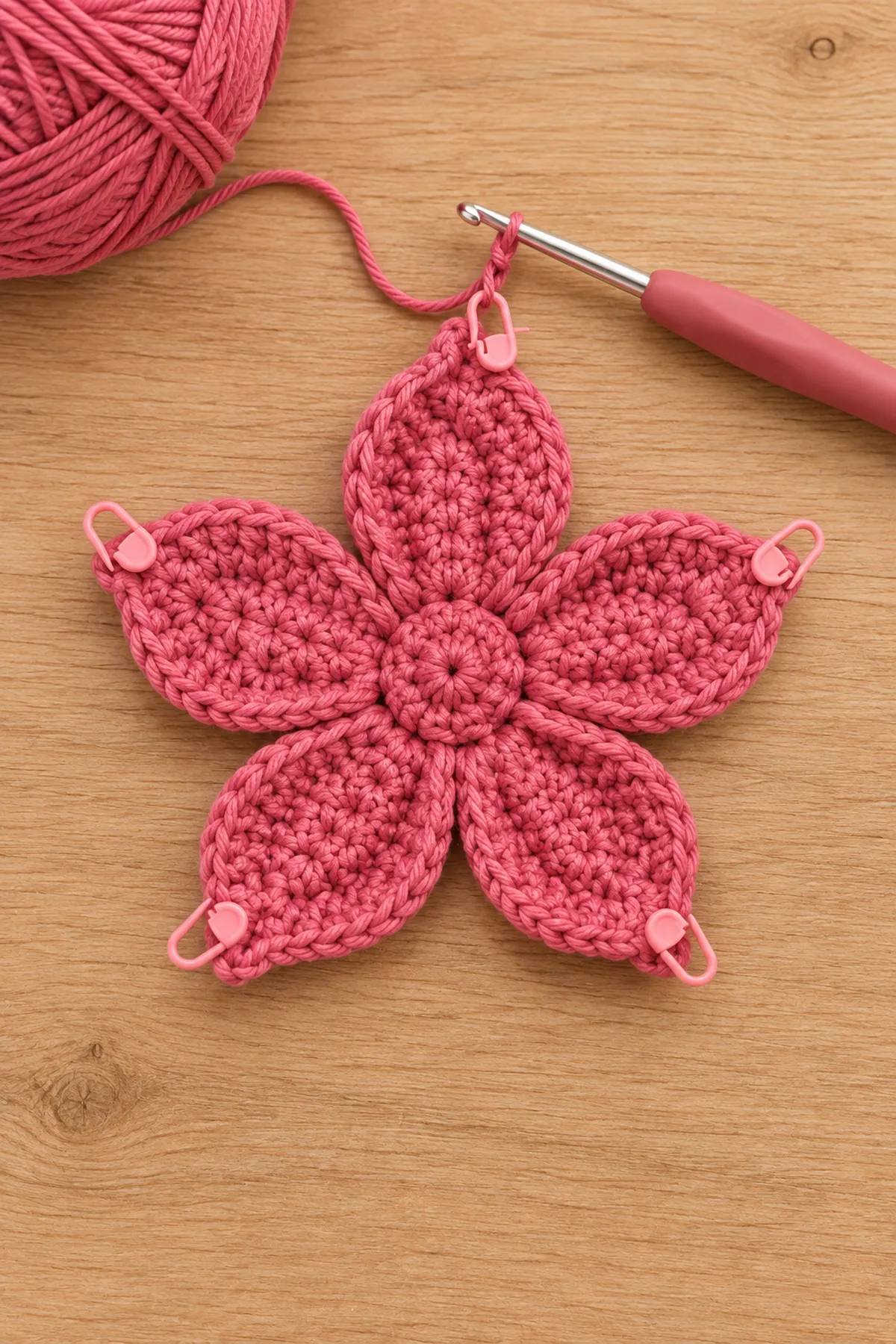 Five shaped raspberry crochet petals attached evenly around a counted flower center