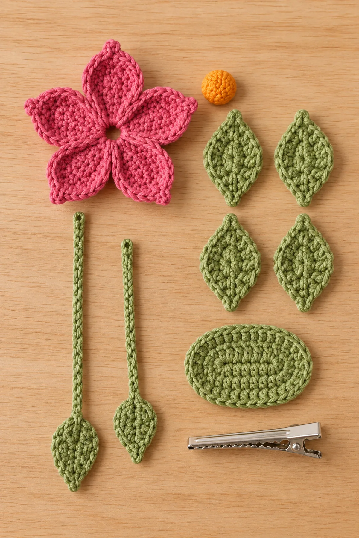 Pink crochet flower four sage leaves two trailing cords leaf drops and concealed clip arranged before assembly