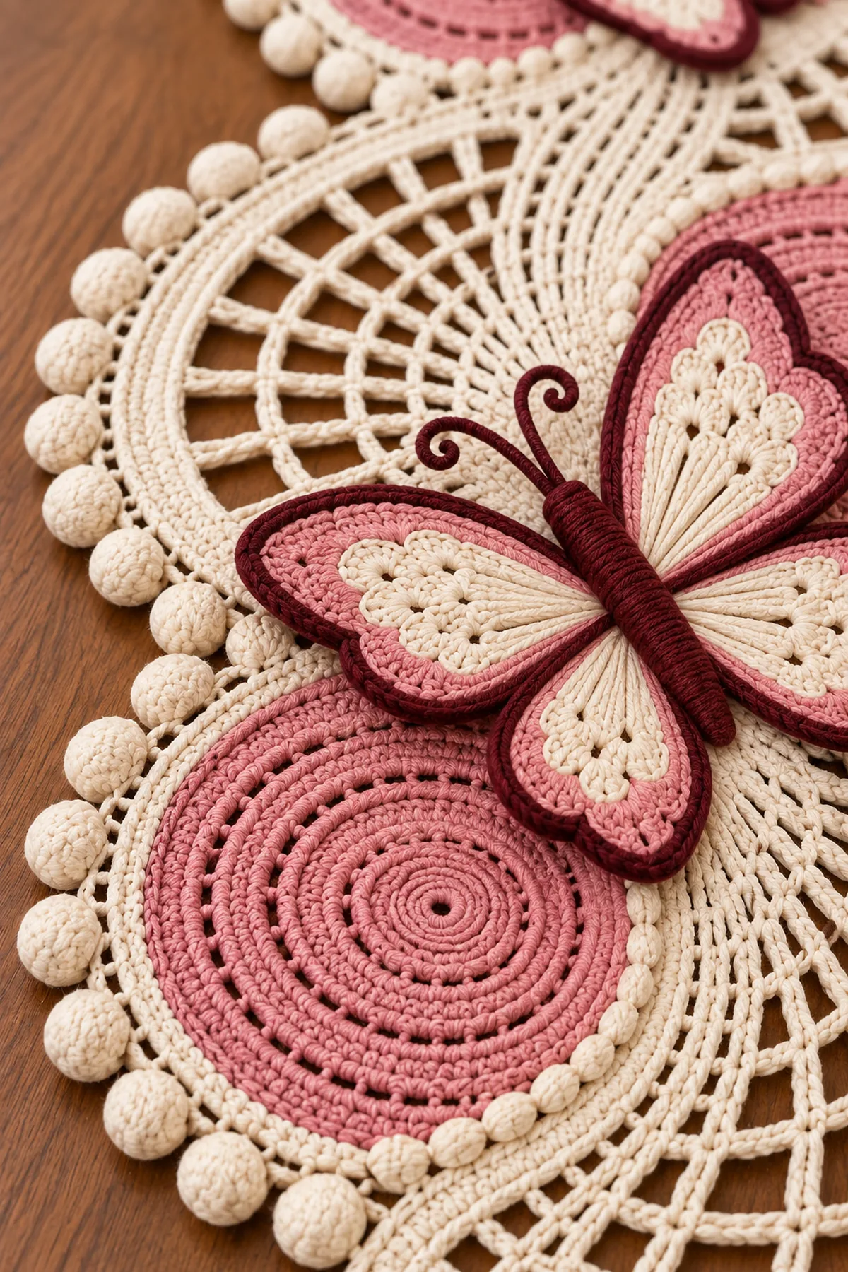 Close view of ivory fan lace pink spiral bobble edge and dimensional crochet butterfly