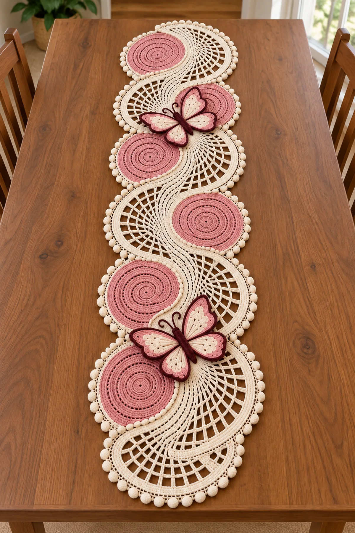 Pink and ivory five-scroll crochet lace table runner with bobble edging and two butterflies