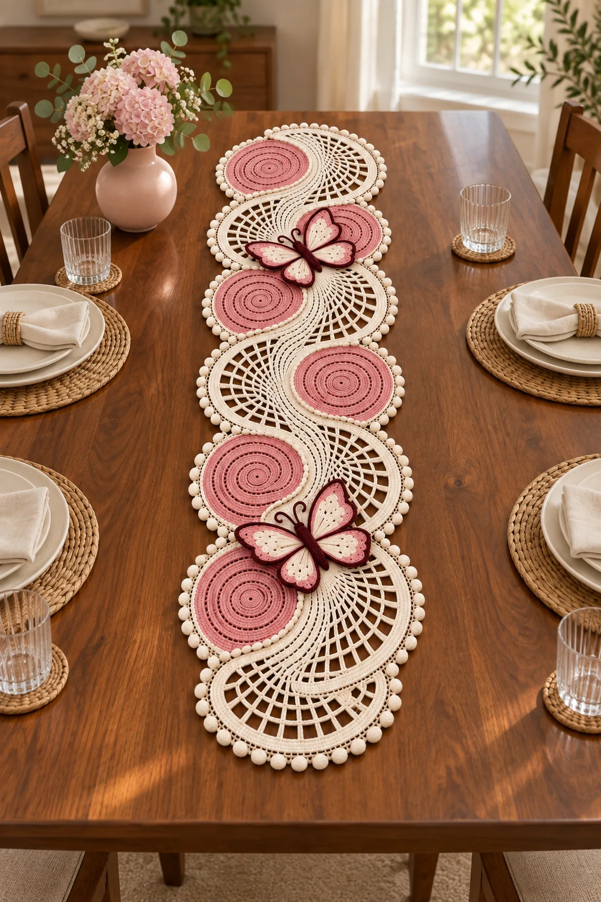 Finished pink butterfly lace crochet table runner on a styled wooden dining table
