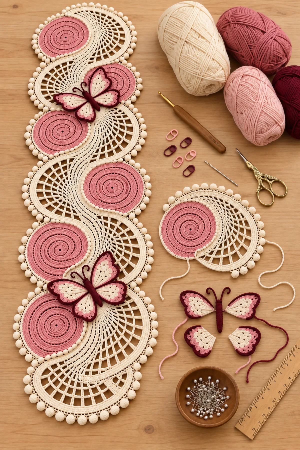 Ivory dusty rose blush and burgundy cotton yarn with hook markers and blocking tools