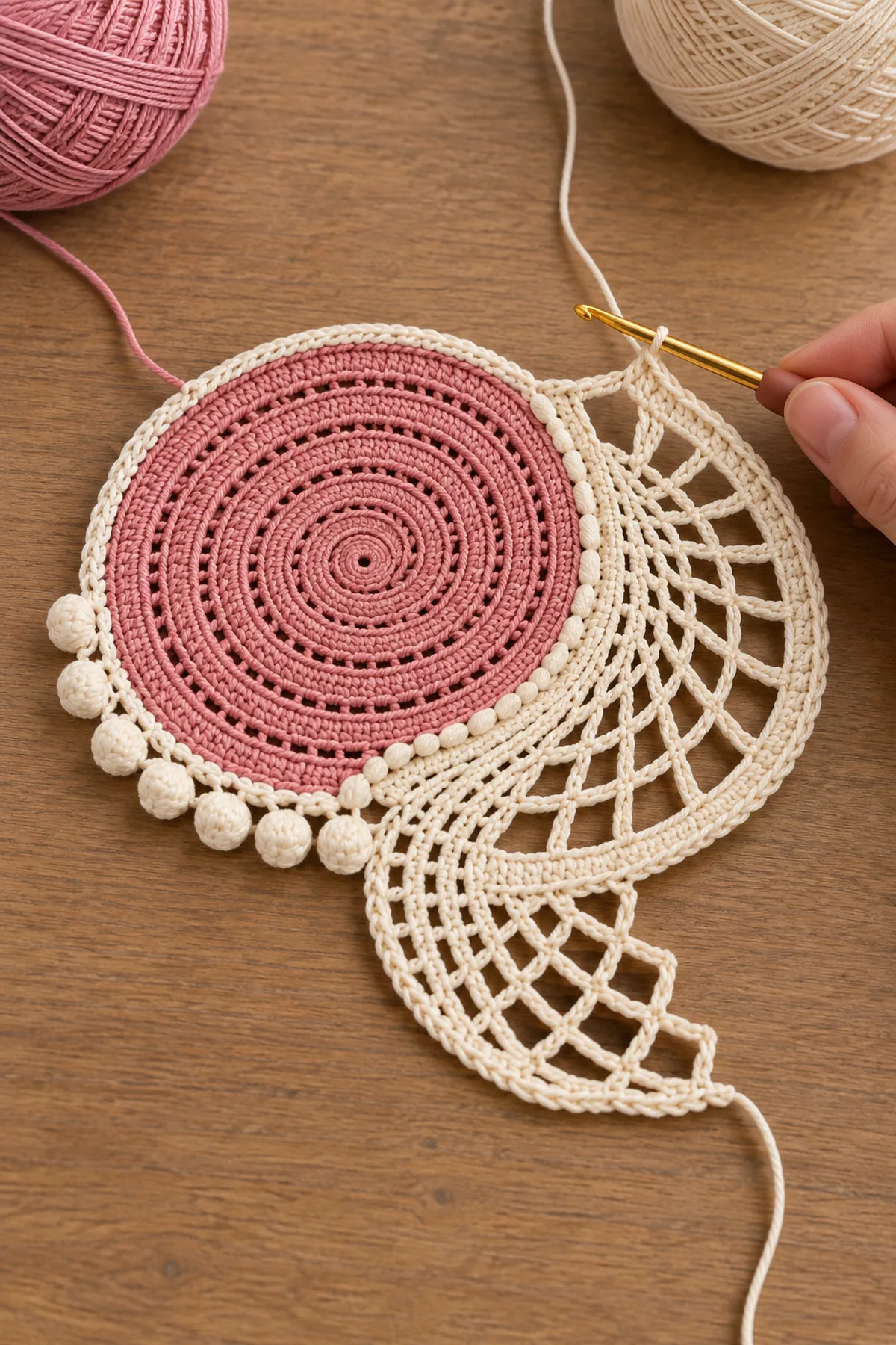 Dusty-pink spiral center joined to an open ivory fan-lace half