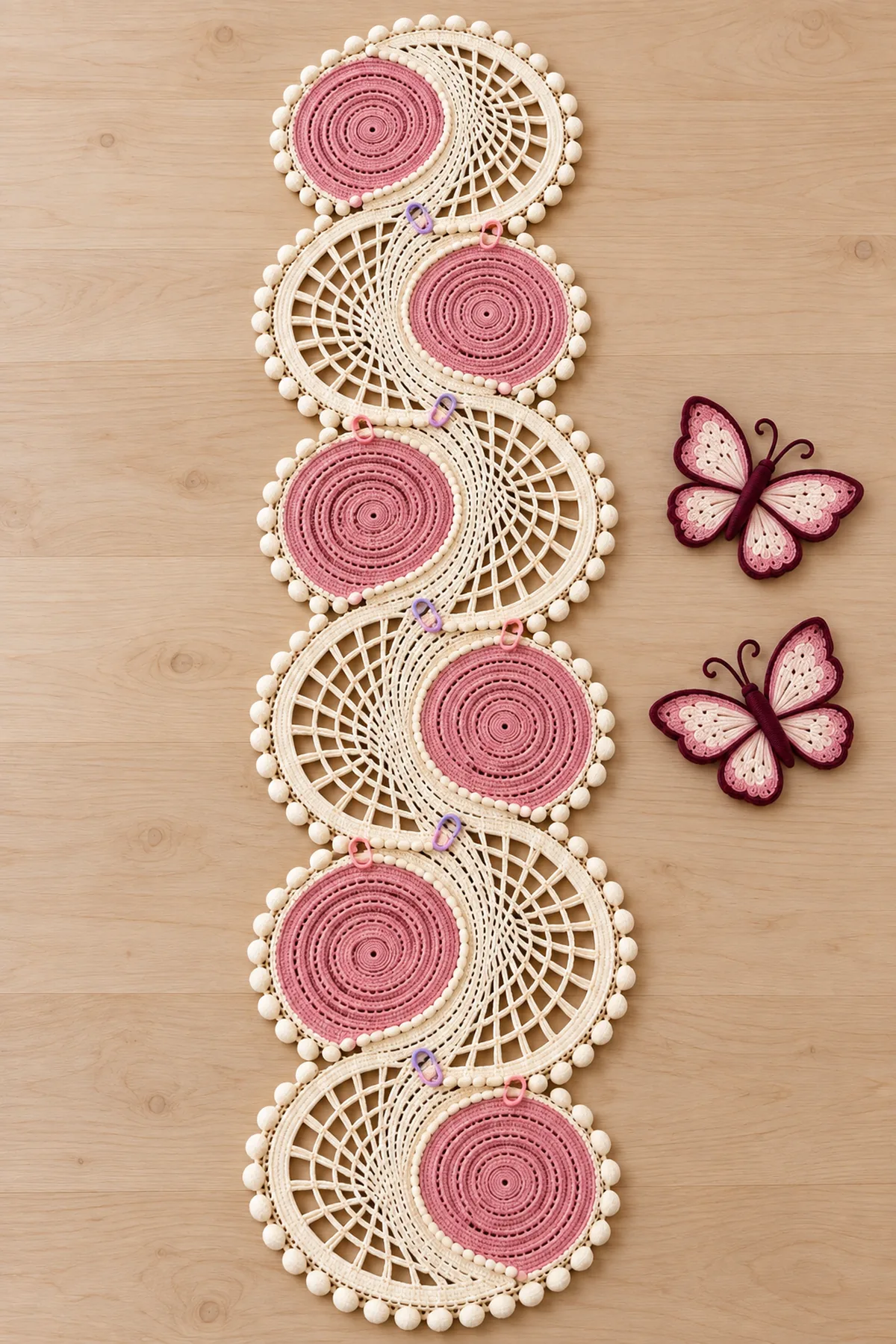 Five alternating pink-and-ivory scroll medallions arranged before final joining