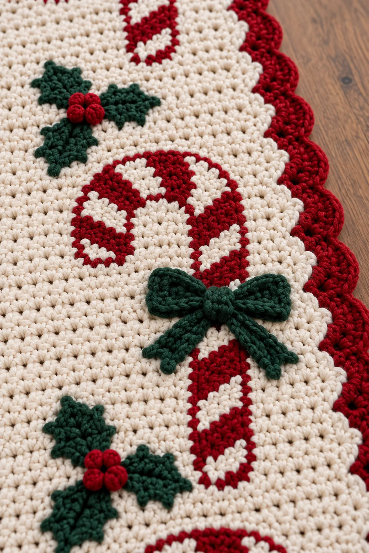 Close-up of stitch texture and finishing details on crochet candy cane christmas table runner