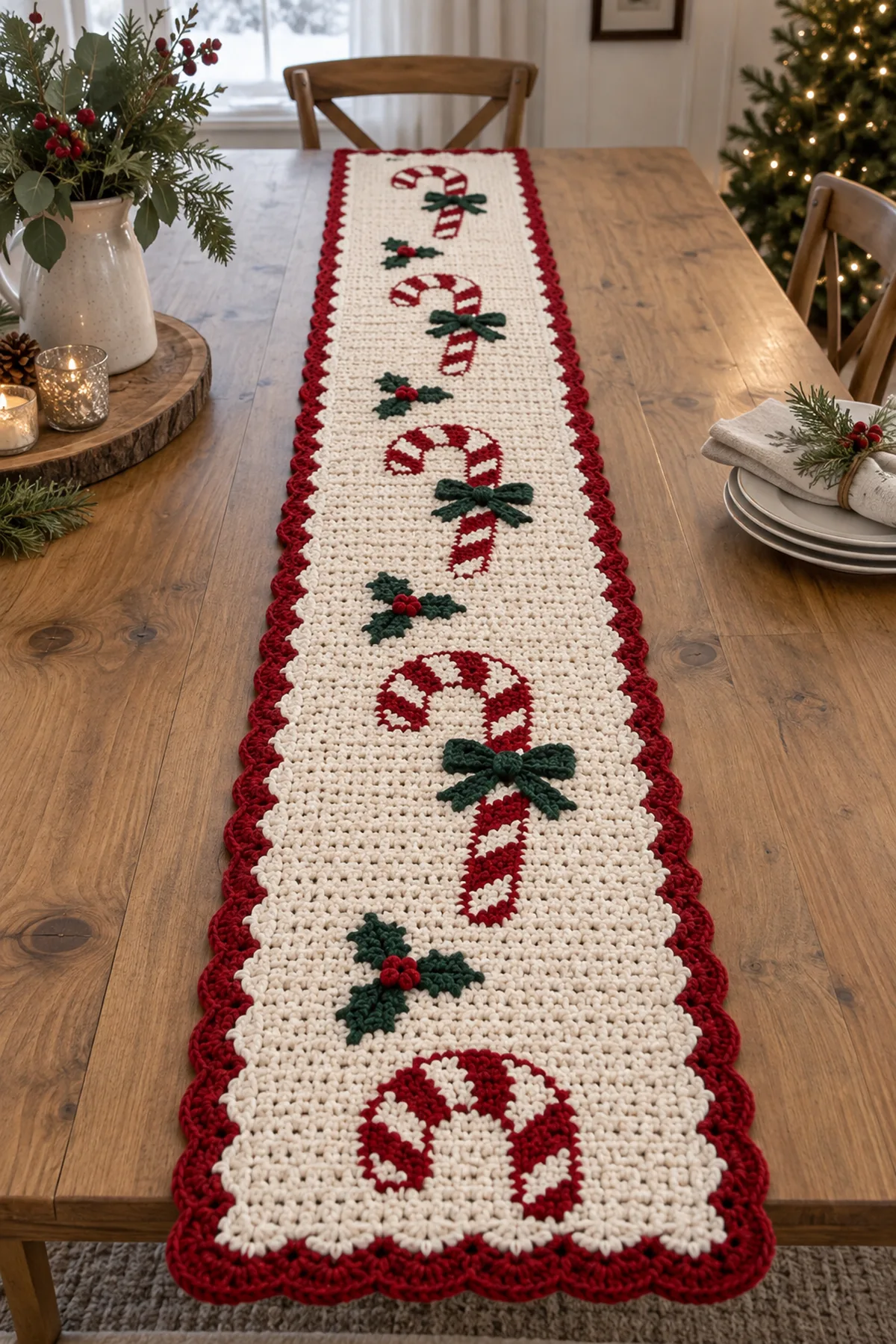 Finished crochet candy cane christmas table runner displayed with a clean handmade finish