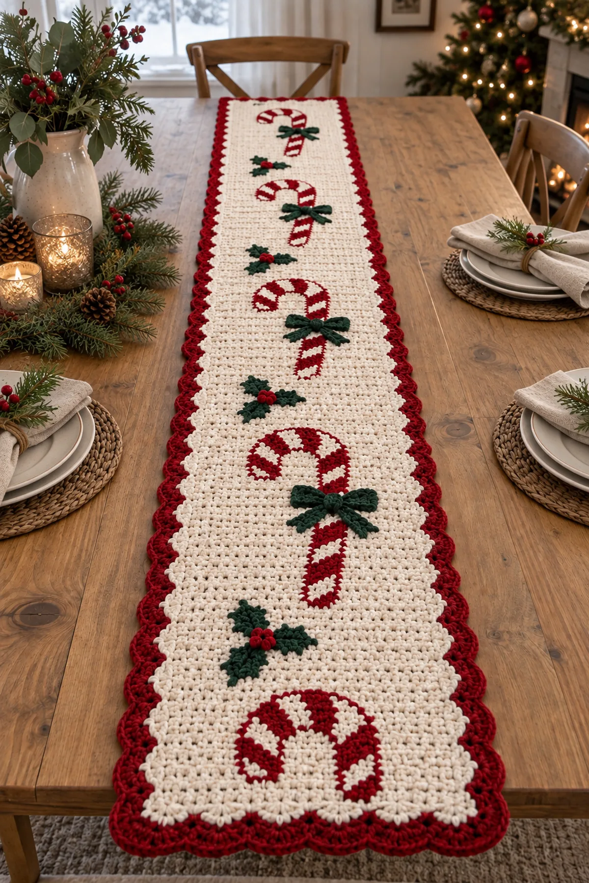 Finished crochet candy cane christmas table runner styled in a bright natural setting