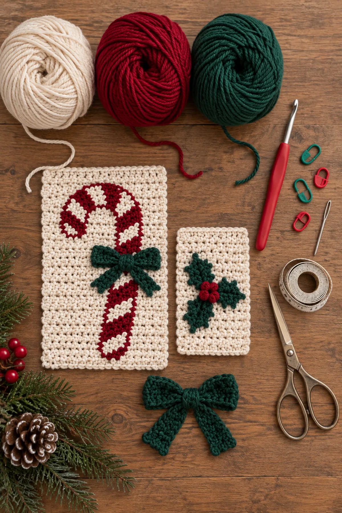 Materials for crochet candy cane christmas table runner including yarn, crochet hook, markers, needle, tape measure, and scissors
