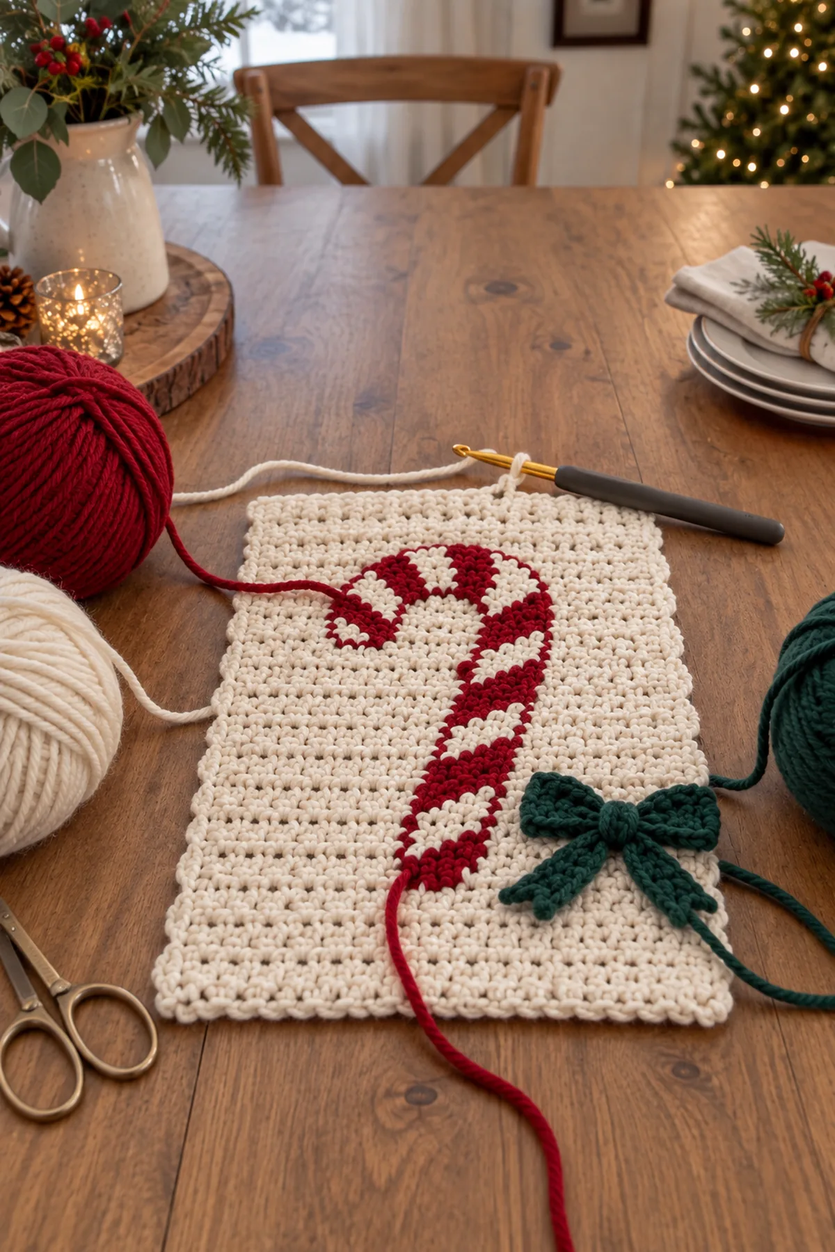 Early crochet construction stage for crochet candy cane christmas table runner with working yarn and hook
