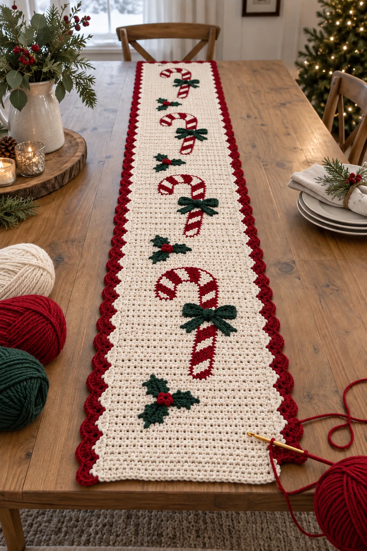 Mid-process crochet construction and shaping for crochet candy cane christmas table runner