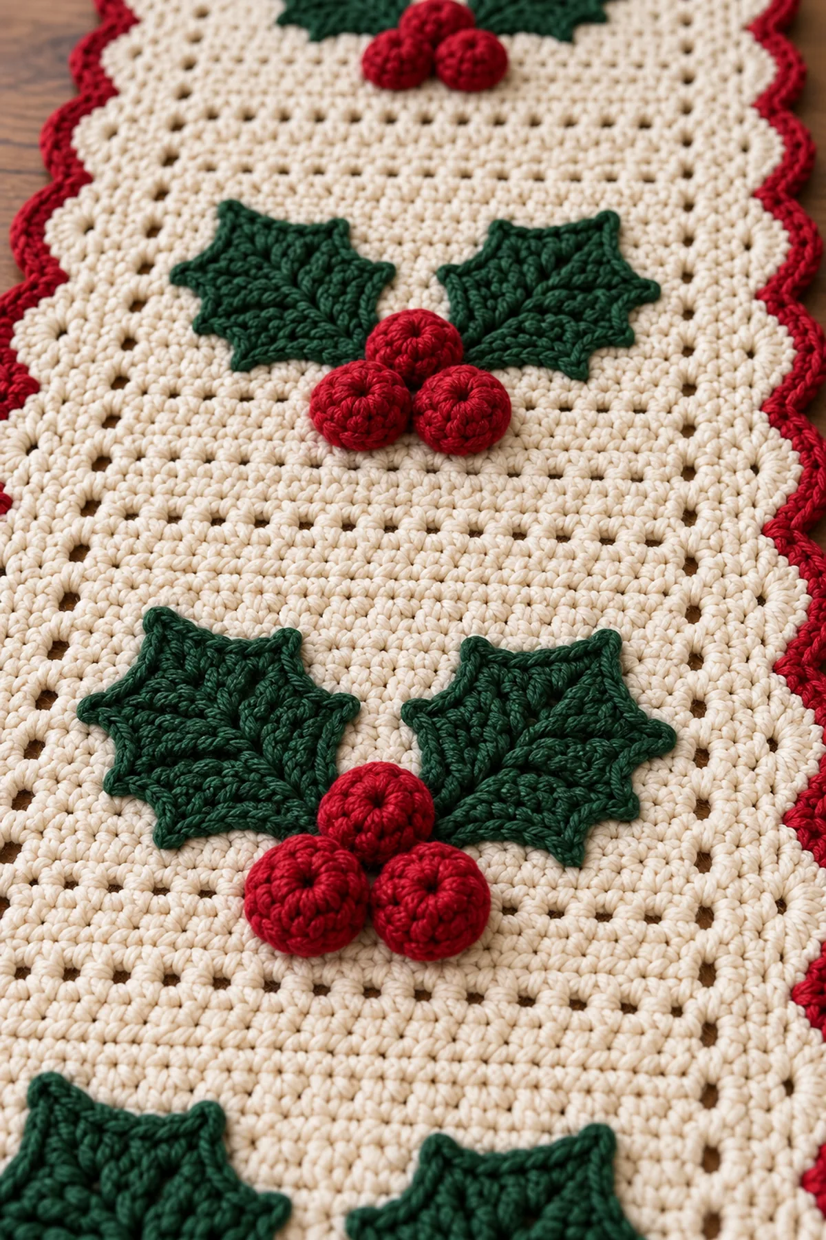 Close-up of stitch texture and finishing details on crochet christmas holly berry table runner
