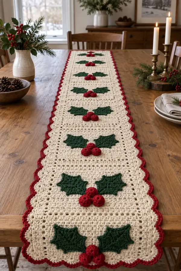 Finished crochet christmas holly berry table runner displayed with a clean handmade finish