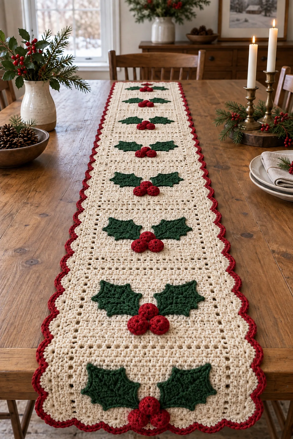 Finished crochet christmas holly berry table runner styled in a bright natural setting