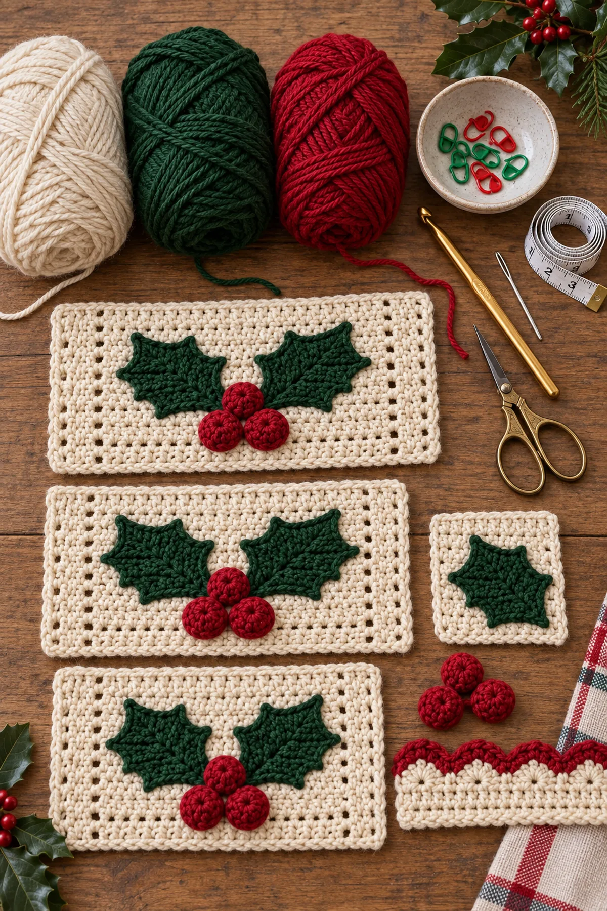 Materials for crochet christmas holly berry table runner including yarn, crochet hook, markers, needle, tape measure, and scissors