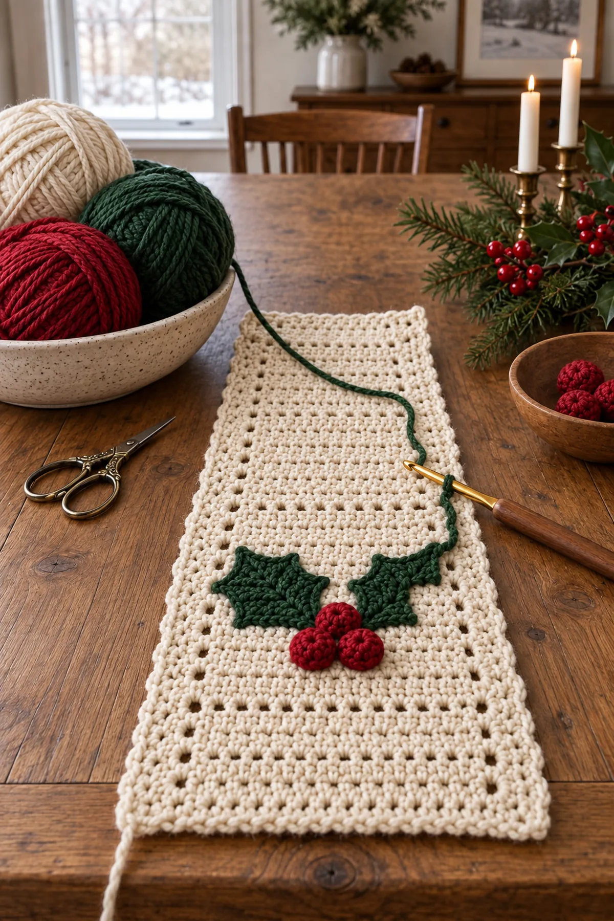 Early crochet construction stage for crochet christmas holly berry table runner with working yarn and hook