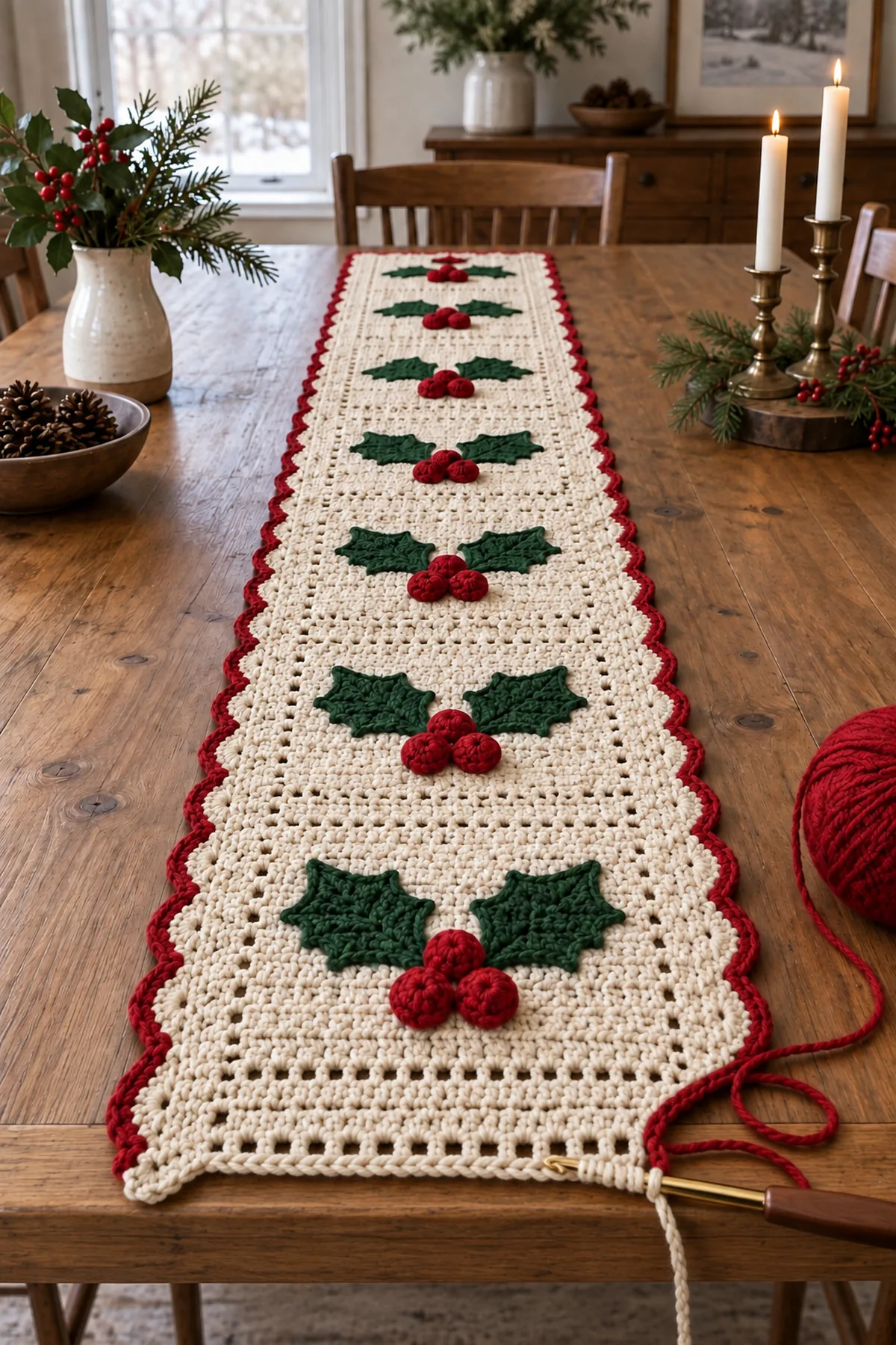 Mid-process crochet construction and shaping for crochet christmas holly berry table runner